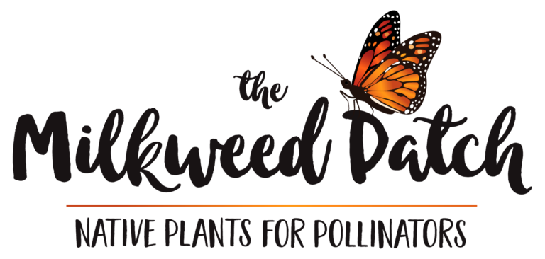 The Milkweed Patch - native plants for pollinators tagline with a monarch butterfly